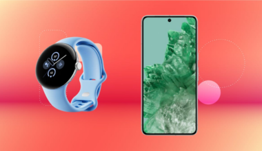 From left: Google Pixel Watch 2 in blue with black face, mint green smartphone against red orange background.