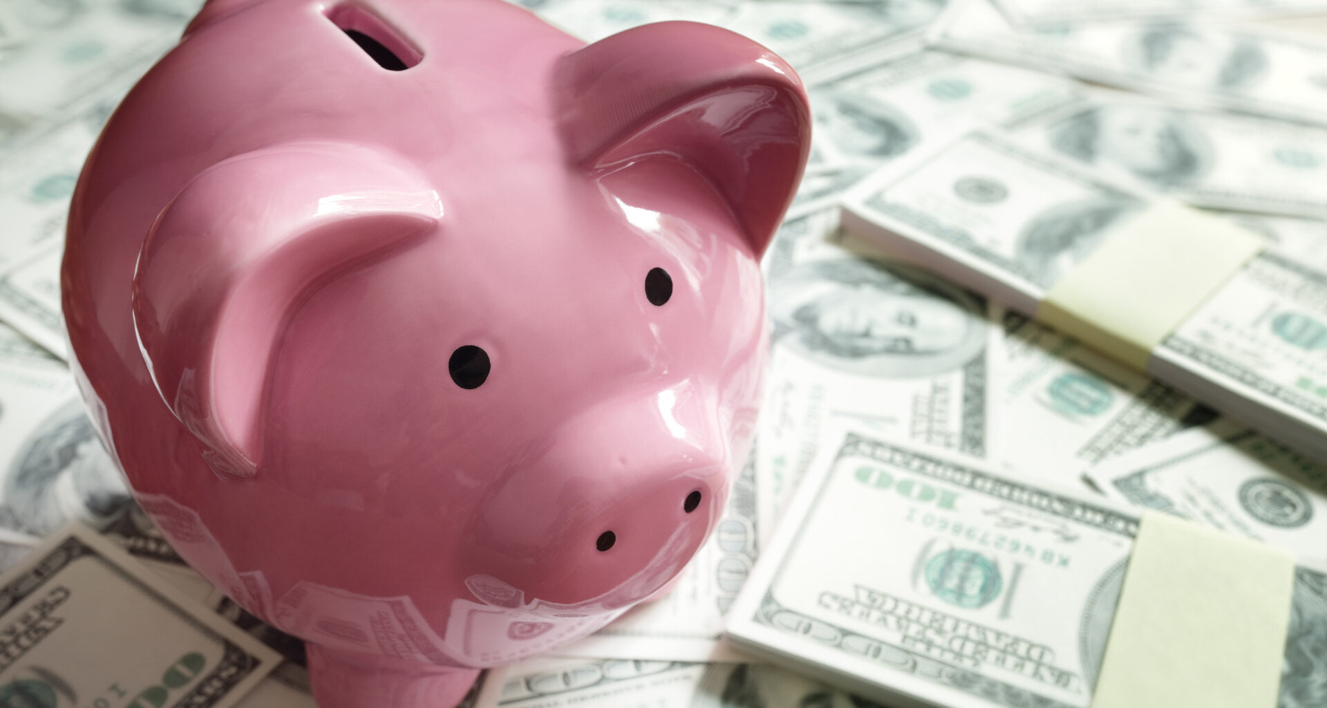 A pink piggy bank standing on top of a pile of cash.