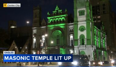 Philadelphia's Masonic Temple illuminates historic facade for Eagles season opener