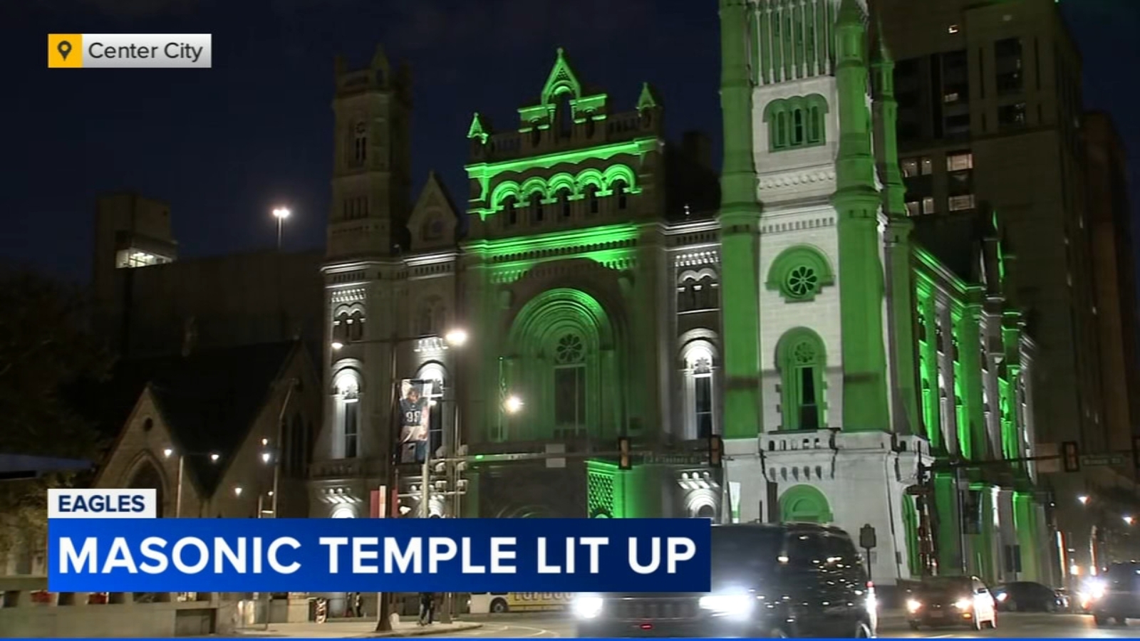 Philadelphia's Masonic Temple illuminates historic facade for Eagles season opener