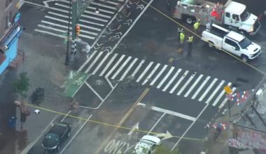 Water main break floods streets in Inwood, Manhattan