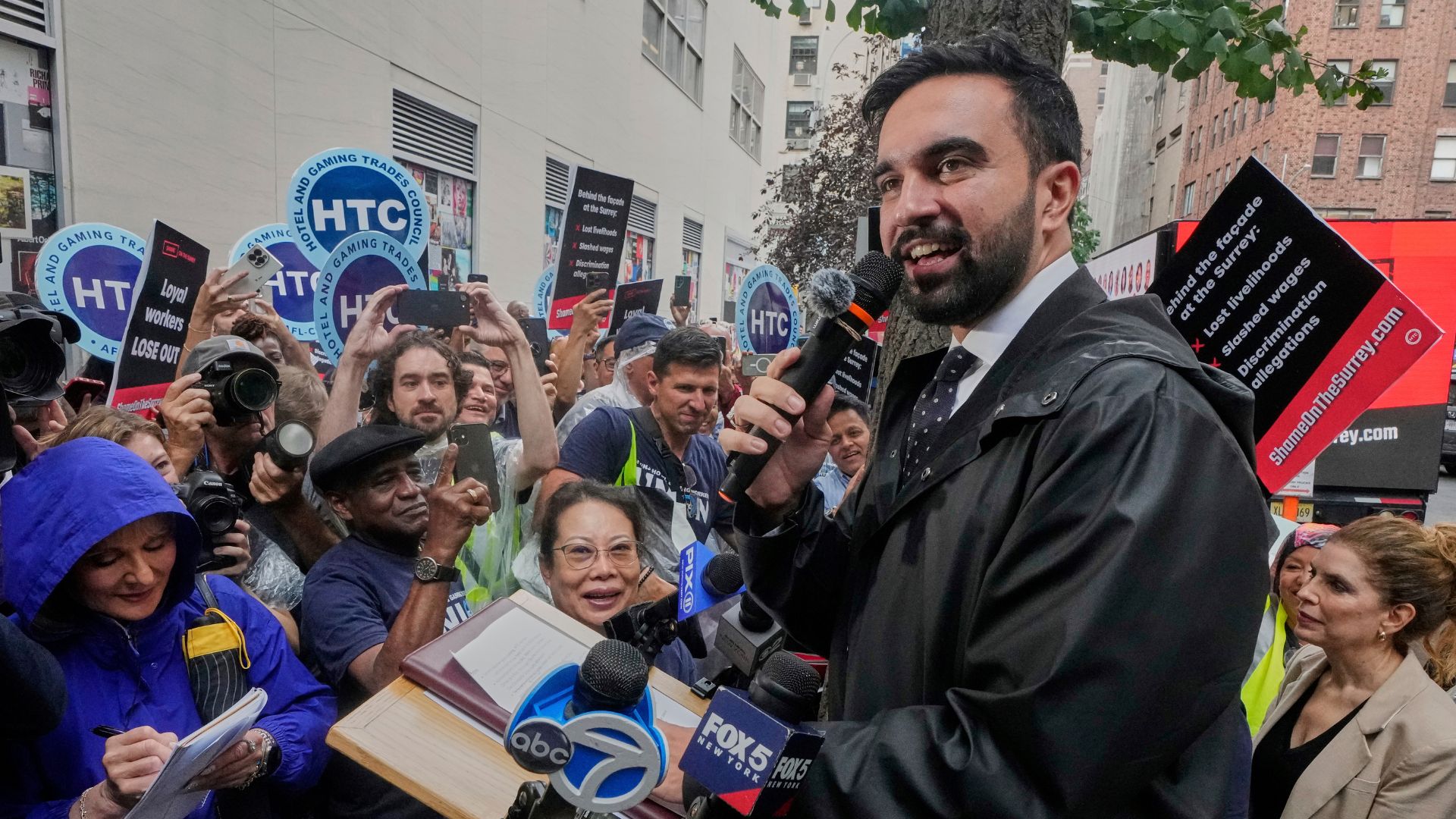 New York mayoral candidate Zohran Mamdani speaks at a rally with Hotel & Gaming Trades Council workers, in New York, Wednesday, Aug. 20, 2025.