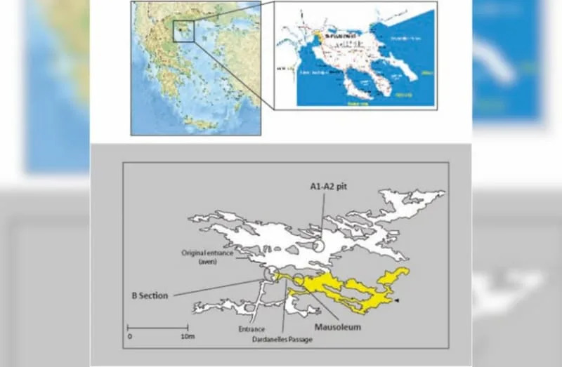 Location of Petralona Cave in the Chalkidiki area, Greece. A view of the karst including the main localities (B section, A1-A2 pit, Mausoleum where the cranium was found). The yellow part corresponds to the first explored area of the karst. (credit: JOURNAL OF HUMAN EVOLUTION)