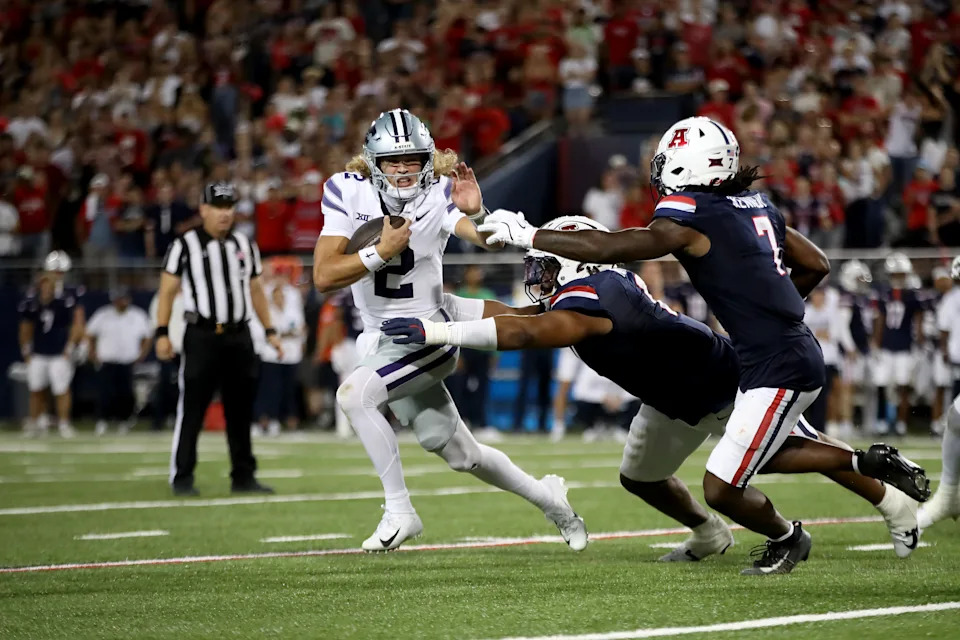 TUCSON, AZ - SEPTEMBER 12: Kansas State Wildcats quarterback Avery Johnson (2) during the second half of a football game between the Kansas State Wildcats and the University of Arizona Wildcats on September 12, 2025, at Arizona Stadium in Tucson, AZ. (Photo by Christopher Hook/Icon Sportswire via Getty Images)