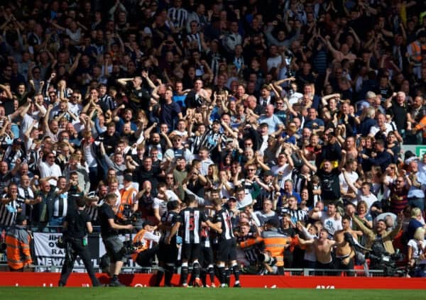 LIVERPOOL, ENGLAND - Saturday, September 14, 2019: Newcastle United's supporters celebrate Jetro Willems' opening goal during the FA Premier League match between Liverpool FC and Newcastle United FC at Anfield. (Pic by David Rawcliffe/Propaganda)