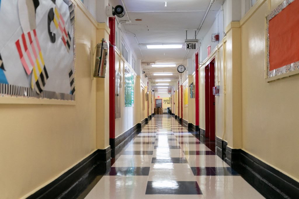 A school hallway stands empty 