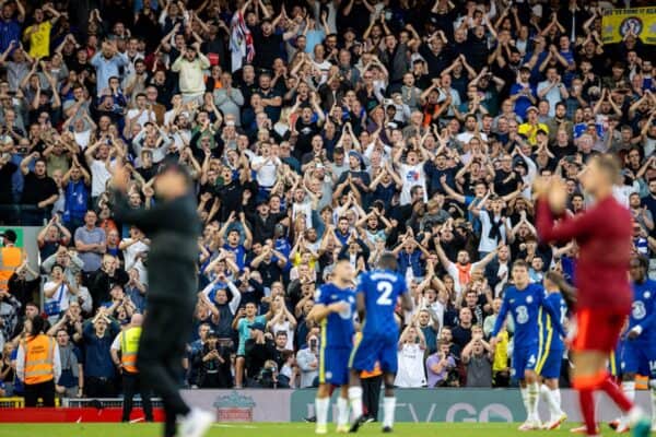 LIVERPOOL, ENGLAND - Saturday, August 28, 2021: Chelsea supporters celebrate a 1-1 draw after the FA Premier League match between Liverpool FC and Chelsea FC at Anfield. (Pic by David Rawcliffe/Propaganda)