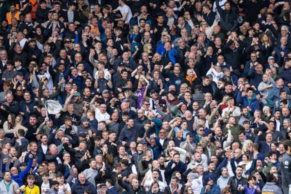 LIVERPOOL, ENGLAND - Sunday, April 30, 2023: Tottenham Hotspur supporters during the FA Premier League match between Liverpool FC and Tottenham Hotspur FC at Anfield. Liverpool won 4-3. (Pic by David Rawcliffe/Propaganda)