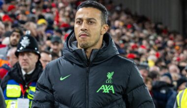 LIVERPOOL, ENGLAND - Sunday, December 17, 2023: Liverpool's injured Thiago Alcântara before the FA Premier League match between Liverpool FC and Manchester United FC at Anfield. The game ended in a goal-less draw. (Photo by David Rawcliffe/Propaganda)
