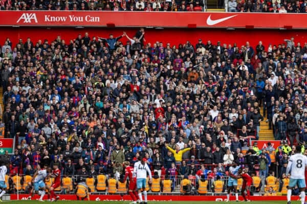 LIVERPOOL, ENGLAND - Sunday, April 14, 2024: Crystal Palace supporters celerate during the FA Premier League match between Liverpool FC and Crystal Palace FC at Anfield. Crystal Palace won 1-0. (Photo by David Rawcliffe/Propaganda)