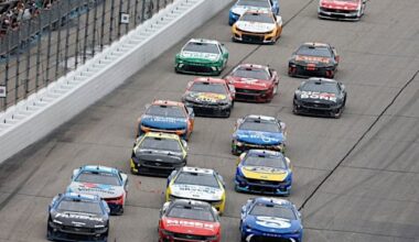 2024 Cup New Hampshire pack racing IV - Chris Buescher, No. 17 RFK Racing Ford, Josh Berry, No. 4 Stewart-Haas Racing Ford, and Tyler Reddick, No. 45 23XI Racing Toyota (Credit: NKP)
