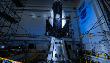 The Sierra Space Dream Chaser winged spacecraft is seen stacked atop its Shooting Star cargo module on the vibration table at NASA’s Armstrong Test Facility in Sandusky, Ohio, while undergoing testing to simulate launch and re-entry conditions.