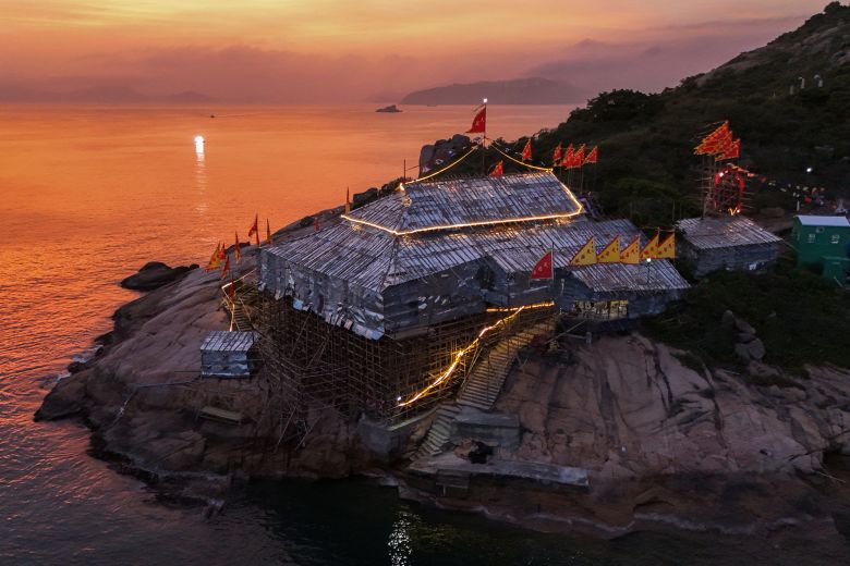 A drone view of a Cantonese opera theater on Hong Kong's Po Toi Island. The structure was built for the celebration of Tin Hau Festival on April 17, 2025.