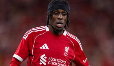 LIVERPOOL, ENGLAND - Monday, August 4, 2025: Liverpool's Jeremie Frimpong during a pre-season friendly match between Liverpool FC and Athletic Bilbao at Anfield. Liverpool won 3-2. (Photo by David Rawcliffe/Propaganda)