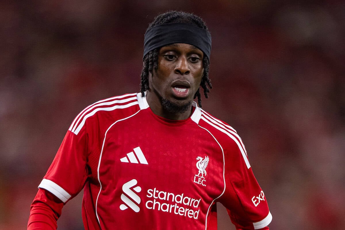 LIVERPOOL, ENGLAND - Monday, August 4, 2025: Liverpool's Jeremie Frimpong during a pre-season friendly match between Liverpool FC and Athletic Bilbao at Anfield. Liverpool won 3-2. (Photo by David Rawcliffe/Propaganda)