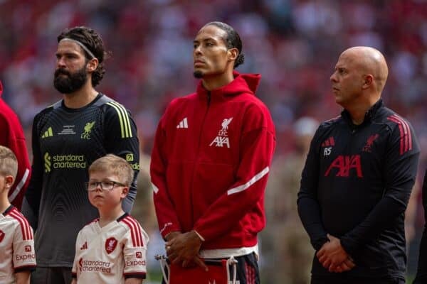 LONDON, ENGLAND - Sunday, August 10, 2025: Liverpool’s goalkeeper Alisson Becker, captain Virgil van Dijk and head coach Arne Slot line-up before the FA Community Shield match between Crystal Palace FC and Liverpool FC at Wembley Stadium. Palace won 3-1 on penalties after a 2-2 draw. (Photo by Harry Murphy/Propaganda)