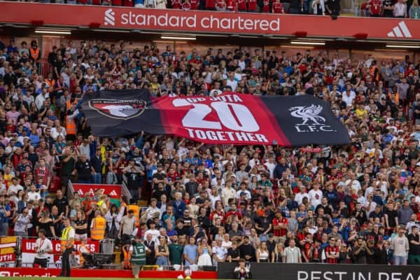 LIVERPOOL, ENGLAND - Friday, August 15, 2025: Bournemouth supporters stand in silence as they pay tribute to Diogo Jota, who died in a car accident in July, during the FA Premier League match between Liverpool FC and AFC Bournemouth at Anfield. Liverpool won 4-2. (Photo by David Rawcliffe/Propaganda)