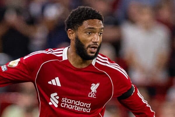 LIVERPOOL, ENGLAND - Friday, August 15, 2025: Liverpool's Joe Gomez during the FA Premier League match between Liverpool FC and AFC Bournemouth at Anfield. Liverpool won 4-2. (Photo by David Rawcliffe/Propaganda)