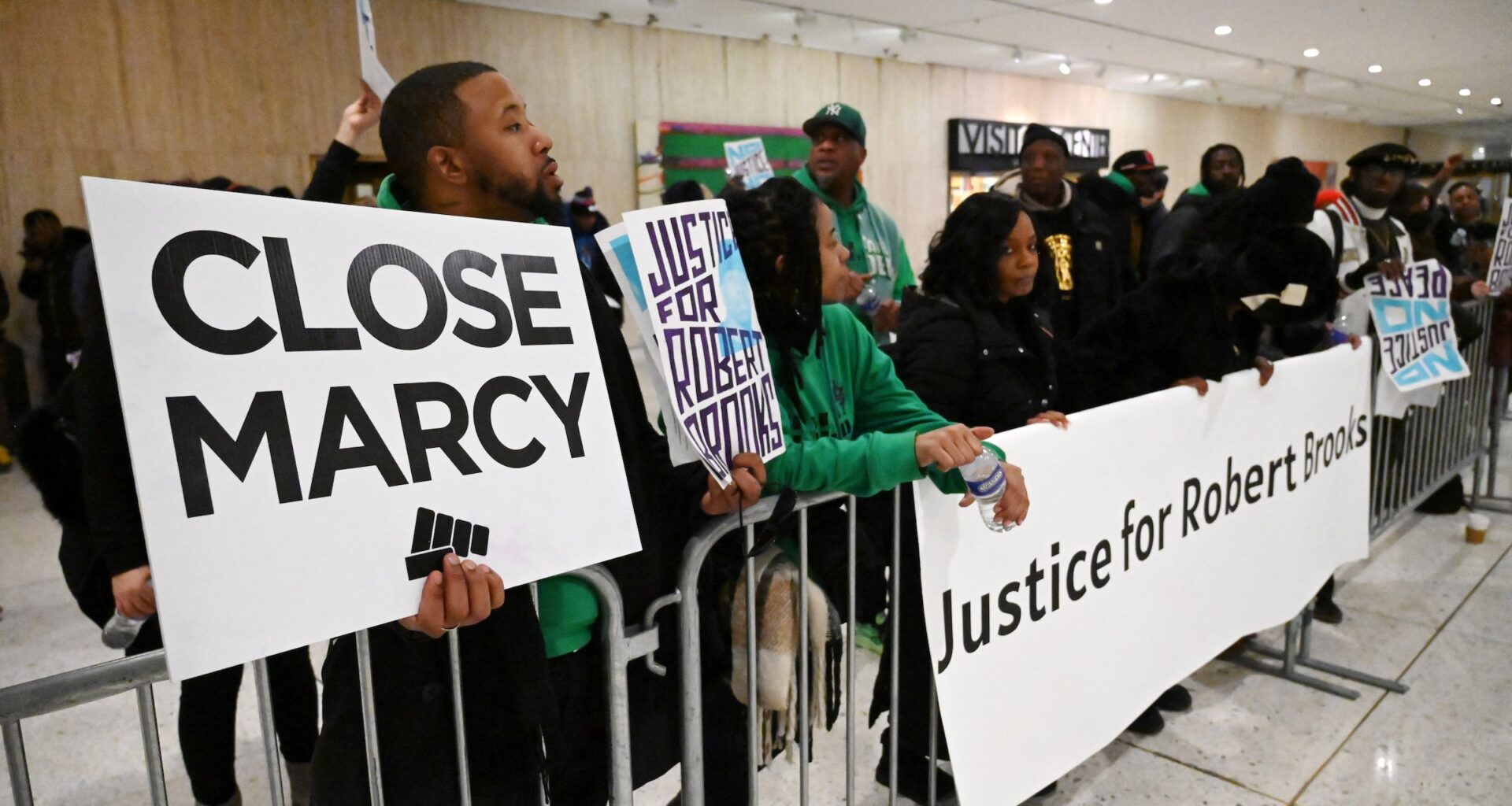 Demonstrators protest conditions at Marcy Correctional Facility.