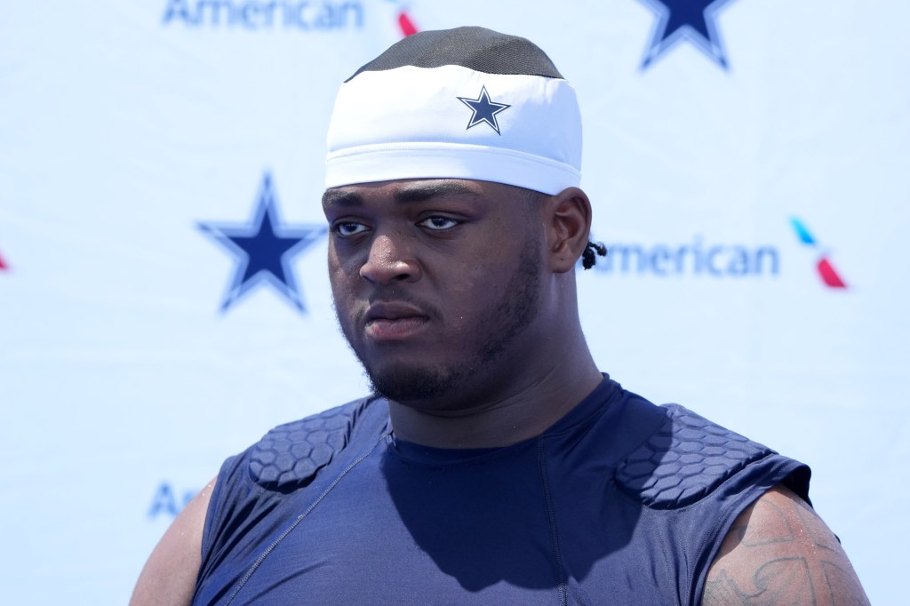 Dallas Cowboys offensive lineman Tyler Smith at training camp press conference at the River Ridge Fields.