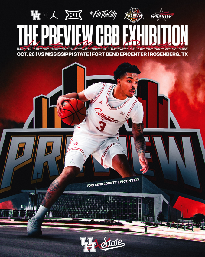Houston men’s basketball takes on Mississippi State in Oct. 26 exhibition in Rosenberg
Cougars tip off as part of The Preview CBB Exhibition doubleheader inside Fort Bend Epicenter