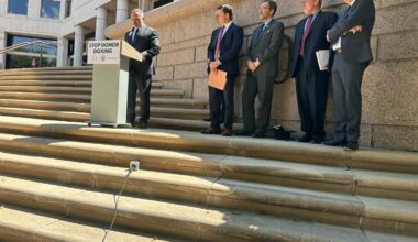 Peter Gentala, the president of the Center for Arizona Policy, speaks outside the Arizona Court houses following the oral arguments in the Proposition 211 case on Thursday, Sept. 11, 2025. (Photo by Gabrielle Wallace/Cronkite News)