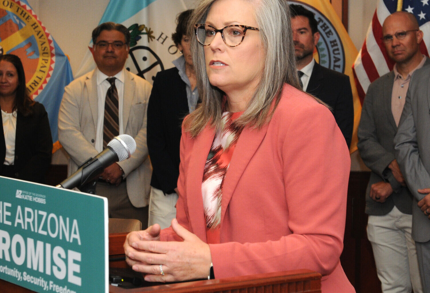 Gov. Katie Hobbs answers questions Monday about her executive order designed to increase available electricity for Arizona for population growth as well as industry — including new data centers and other large users. (Capitol Media Services/Howard Fischer)