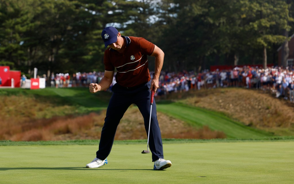 Team Europe golfer Viktor Hovland reacts to a putt on the 14th hole on the penultimate day of competition for the Ryder Cup at Bethpage Black.