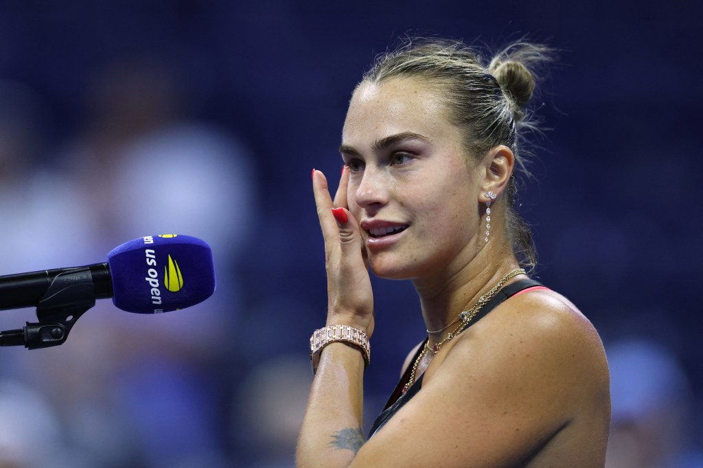 Belarus's Aryna Sabalenka gives a post-match interview after winning her women's singles second round tennis match against Russia's Polina Kudermetova on day four of the US Open tennis tournament at the USTA Billie Jean King National Tennis Center in New York City, on August 27, 2025.