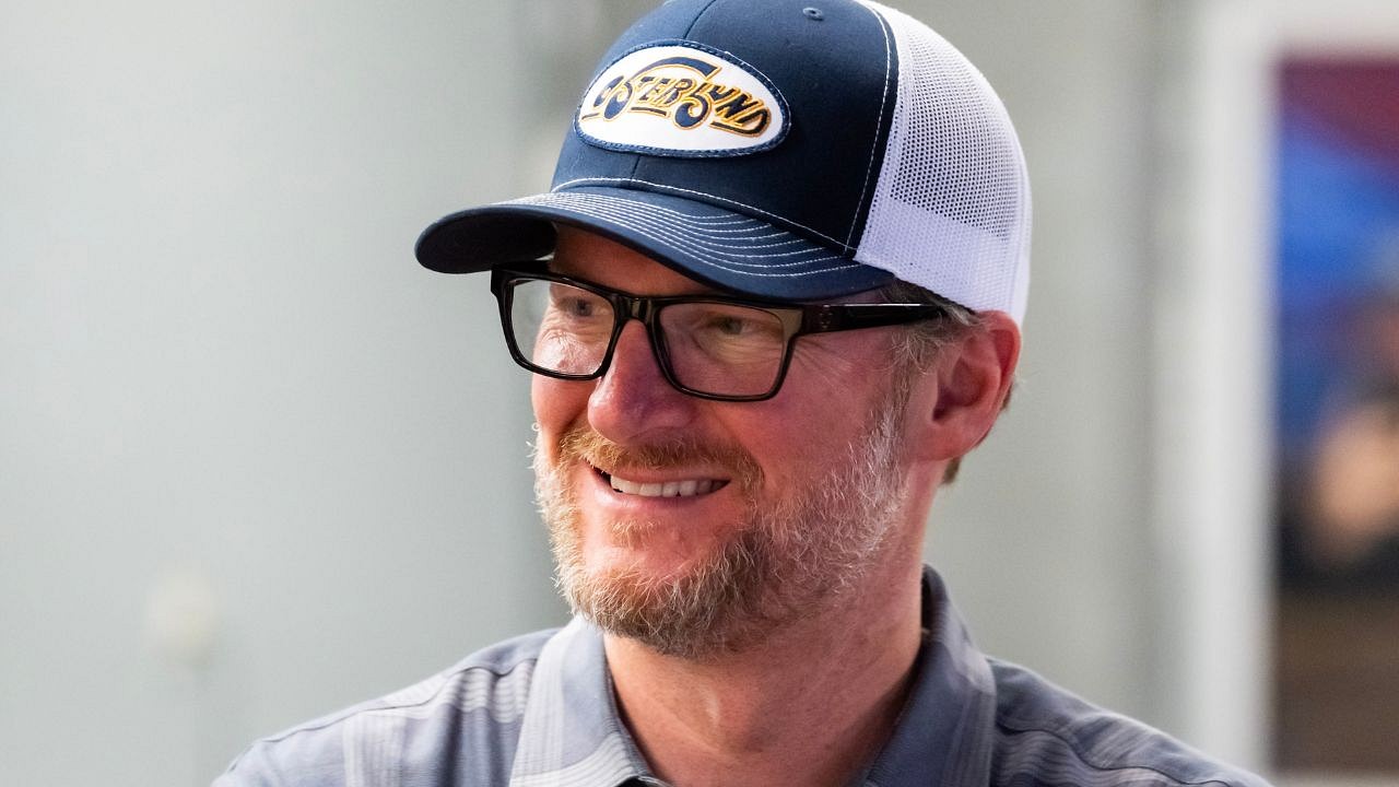 NASCAR legend Dale Earnhardt Jr. talks to media following the Memorial Tournament Legends Luncheon at the Ohio Union. Earnhardt emceed the event.