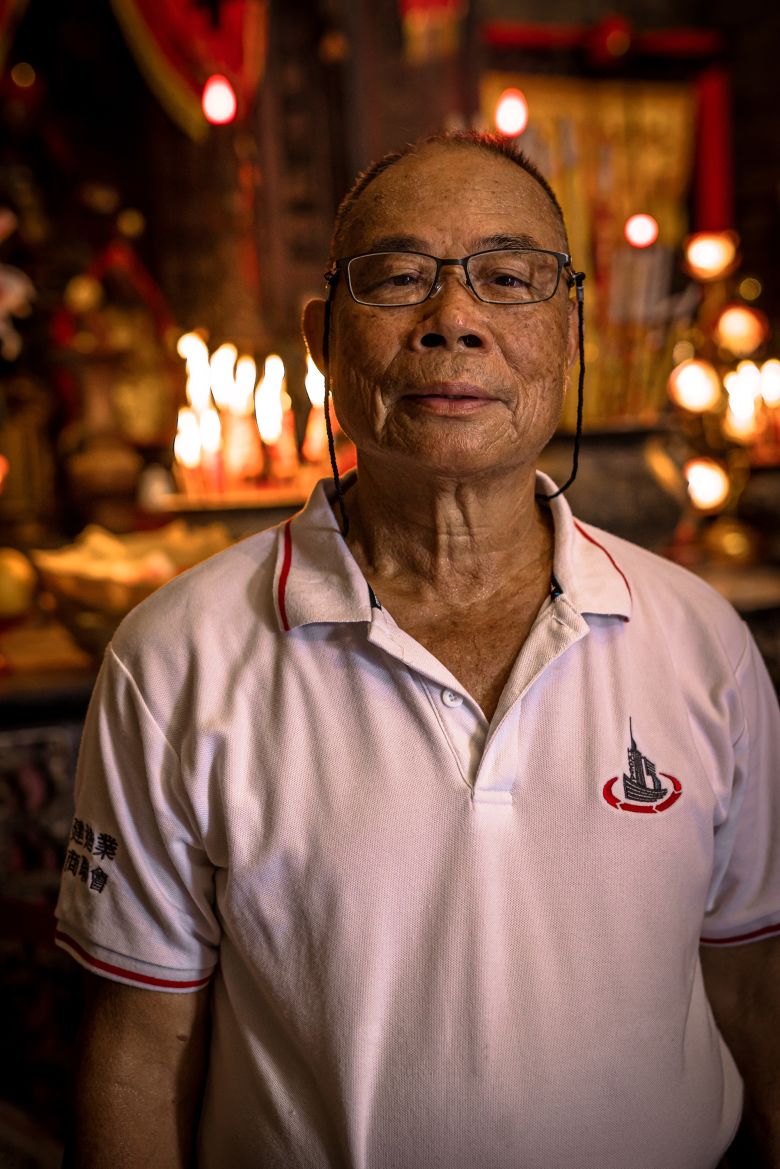 Leung Sin Wai, a veteran bamboo scaffold worker, poses for a portrait at Lo Pan Temple in Hong Kong on July 7, 2025.