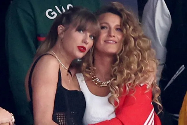 Steph Chambers/Getty Taylor Swift and Blake Lively at the Super Bowl in 2024.