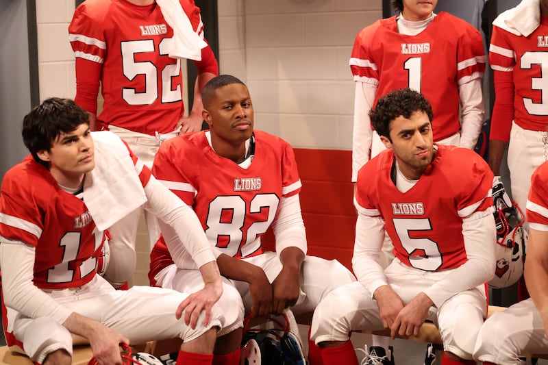 Michael Longfellow, Devon Walker, and Emil Wakim during the "Coach Alan" sketch