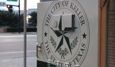 Signage of the City of Keller on a transformer along Keller Town Center.