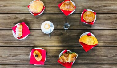 Overview of pastries and drinks placed on a table in a circular configuration.