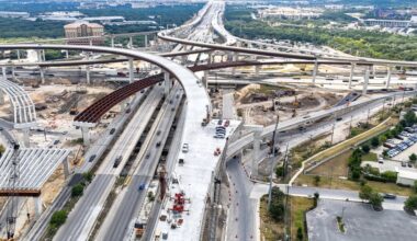The I-10 and Loop 1604 interchange will include eight flyover ramps. (Dragon Drone Services/Community Impact)