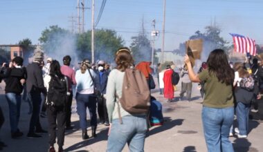 Federal agents fired pepper balls and tear gas at protesters after some people tried to block a car from reaching a federal immigration enforcement building in Broadview, Ill. on Friday, Sept. 26, 2025.