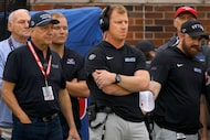 SMU head coach Rhett Lashlee is seen during the first half of an NCAA college football game...