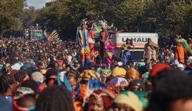 Revelers march at the intersection of Franklin Avenue and Eastern Parkway in the West Indian Day Parade on Sept. 2, 2024, in the Brooklyn borough of New York.