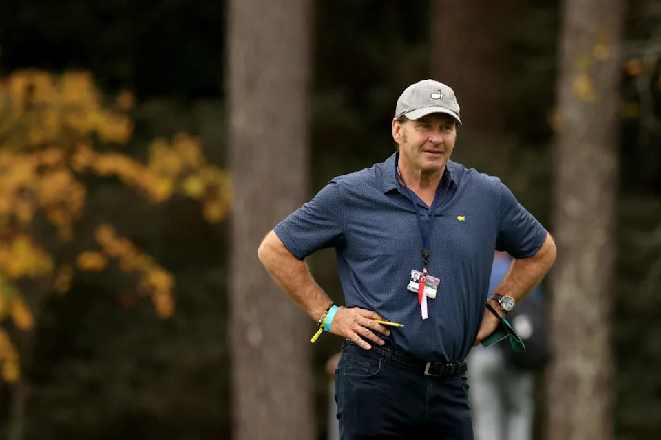 AUGUSTA, GEORGIA - NOVEMBER 10: Sir Nick Faldo of England looks on during a practice round prior to the Masters at Augusta National Golf Club on November 10, 2020 in Augusta, Georgia. (Photo by Rob Carr/Getty Images)