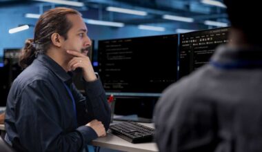 Admin in data center updating systems, protecting hardware equipment from damaging software vulnerabilities. Colleagues looking for bugs causing infrastructure to slow down