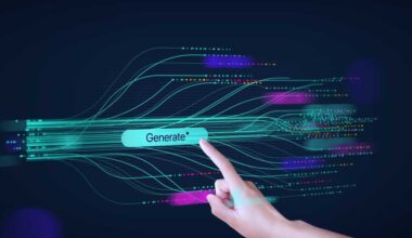 A hand showing AI tech with generative AI concept, artificial intelligence, cyber security, digital transformation, binary number background