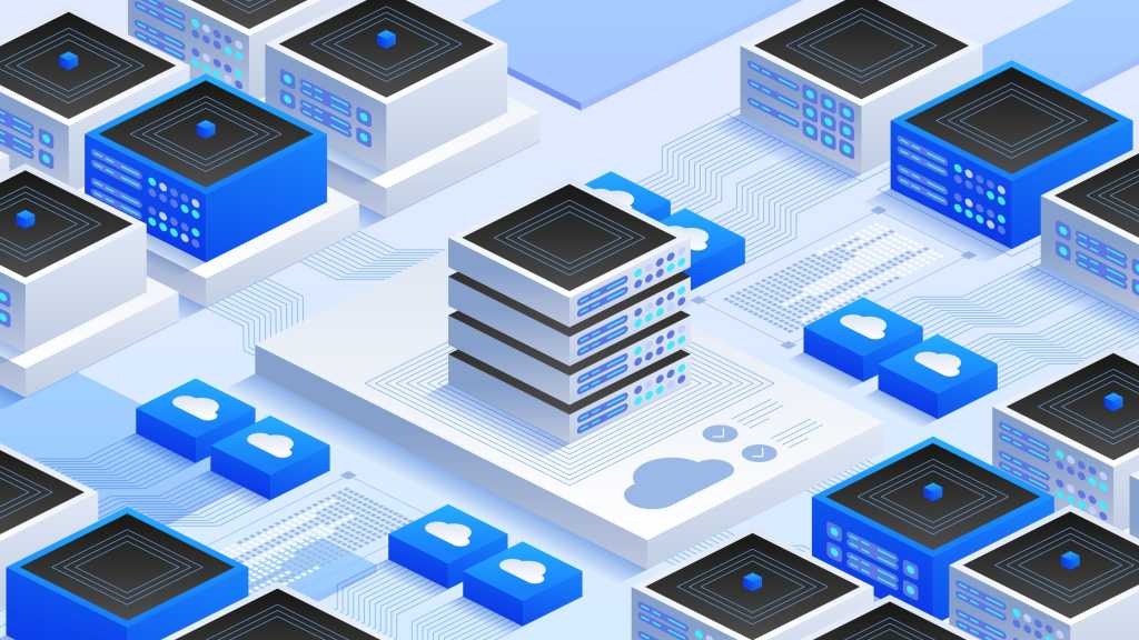 Data center infrastructure with interconnected servers, cloud computing, and virtual networks. Vector isometric illustration for advanced IT systems, big data, and cloud storage.