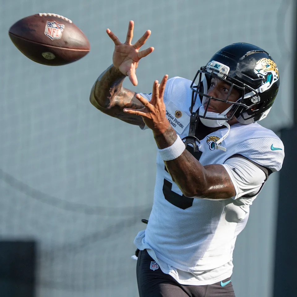 Jacksonville Jaguars wide receiver Dyami Brown (5) hauls in a pass while running a route during the Jaguars 14th NFL training camp session at Miller Electric Center Tuesday August 12, 2025 in Jacksonville, Fla. The Jaguars travel to New Orleans to play the Saints this Sunday in their second preseason game. [Doug Engle/Florida Times-Union]