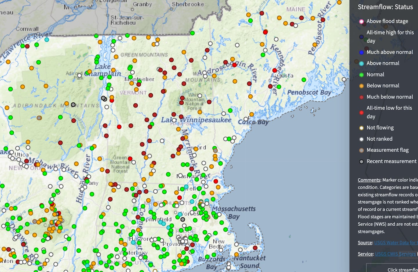 Stream flow levels are below normal across many areas in New England.