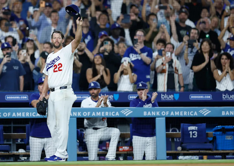 LOS ANGELES, CALIFORNIA - SEPTEMBER 19: Clayton Kershaw #22 of the Los Angeles Dodgers acknowledges the fans as he is removed from the game during the fifth inning against the San Francisco Giants at Dodger Stadium on September 19, 2025 in Los Angeles, California. (Photo by Ronald Martinez/Getty Images)