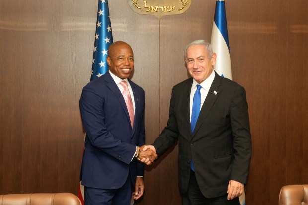 New York City Mayor Eric Adams meets with Israeli Prime Minister Benjamin Netanyahu in Jerusalem on the second day of a 3-day visit to Israel on Tuesday, August 22, 2023. (Michael Appleton / Mayoral Photography Office)