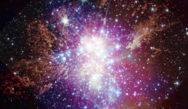 Scores of gleaming white orbs and tiny specks pack the blackness of space, surrounded by a purple haze, and mottled golden clouds.