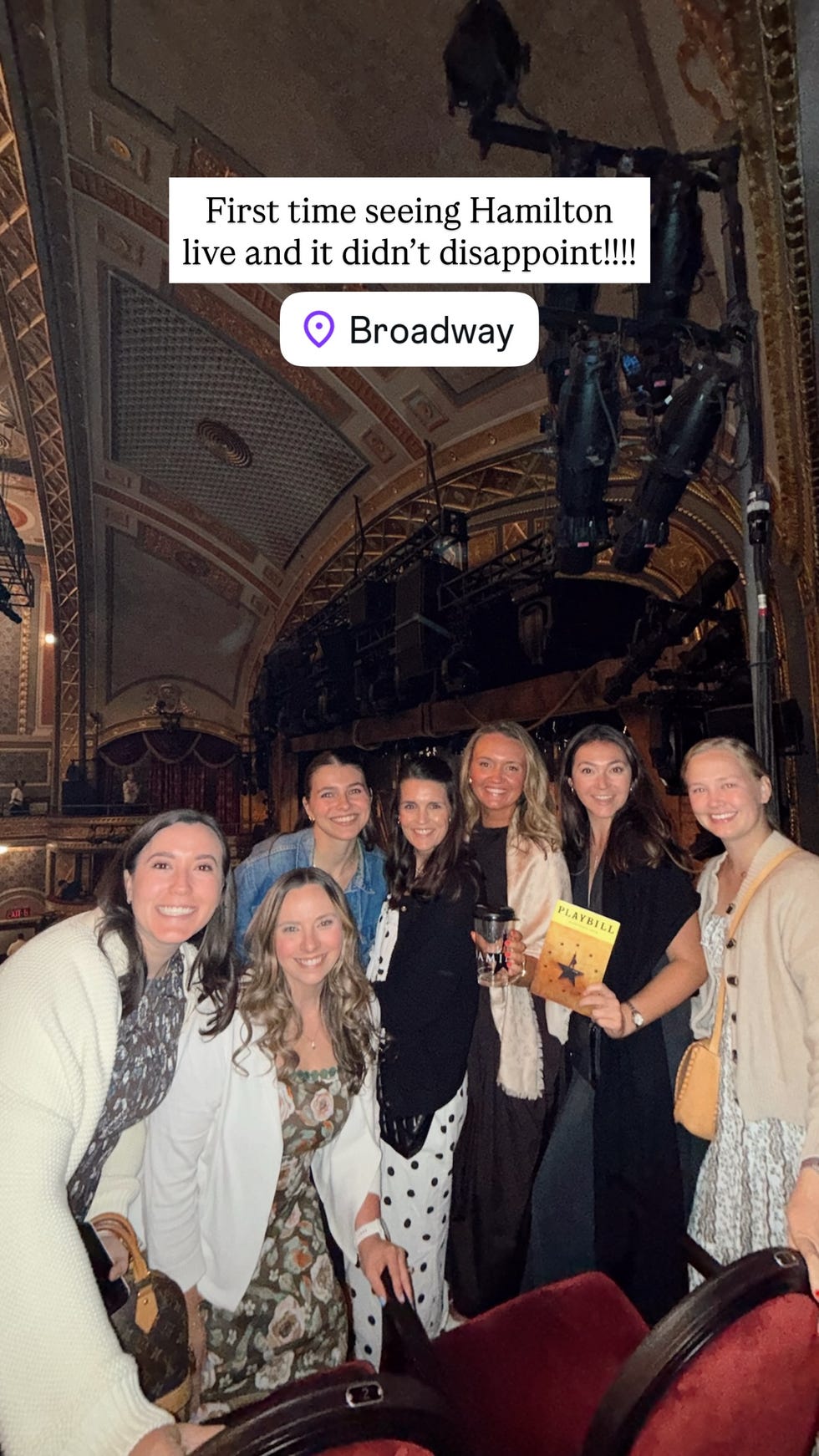 group of people celebrating their first experience watching hamilton live on broadway