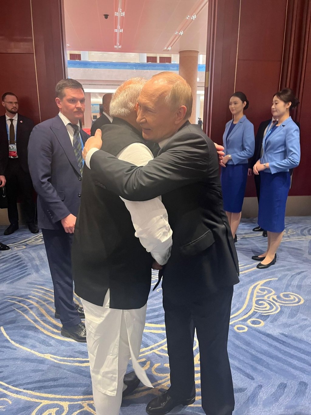 Narendra Modi embraces Russian President Vladimir Putin during the SCO summit in China on Monday. Photo: Handout